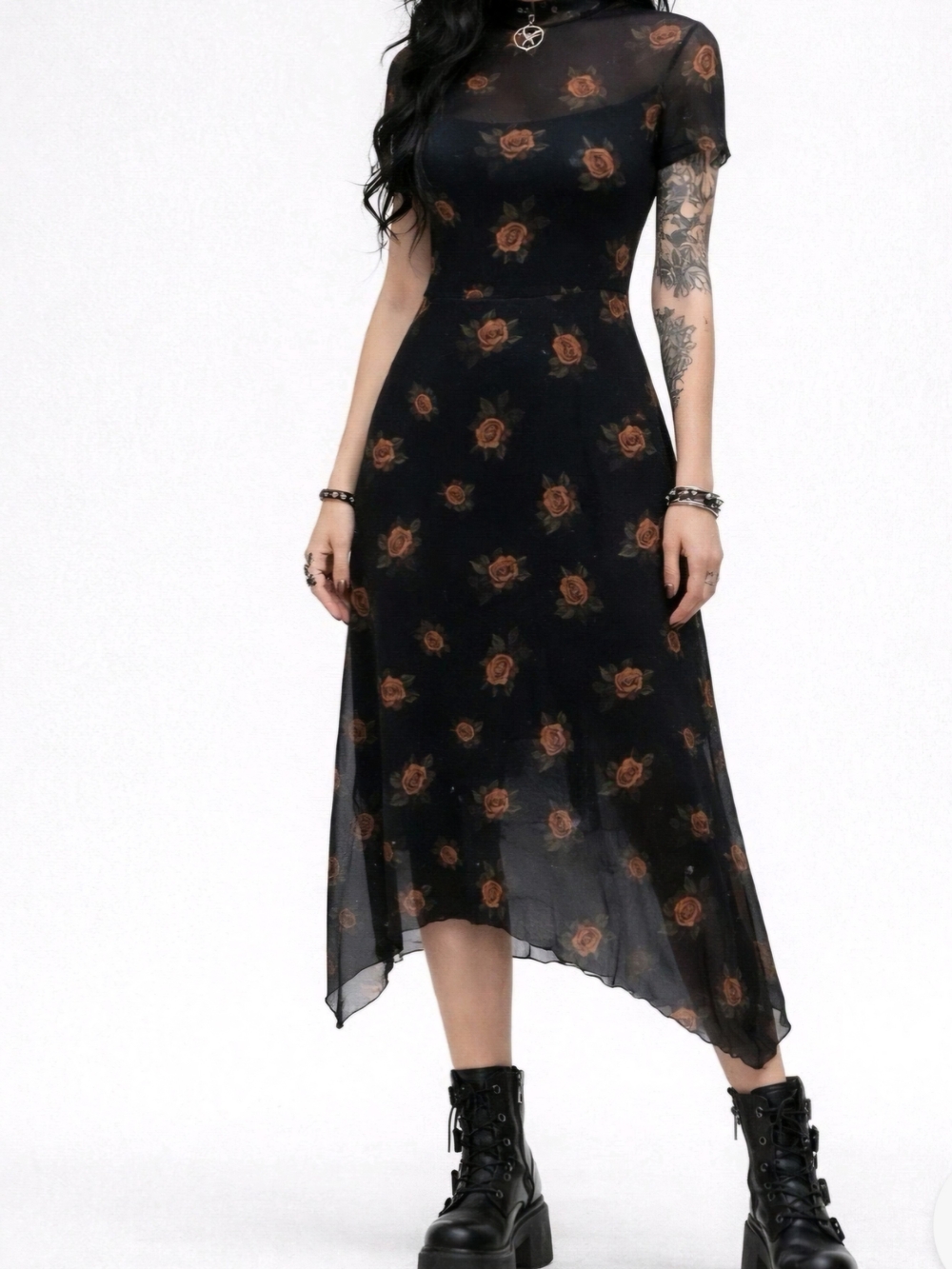 Dark GothSheer Floral Print Midi Dress Whimsigoth Black with Rust Rose Print